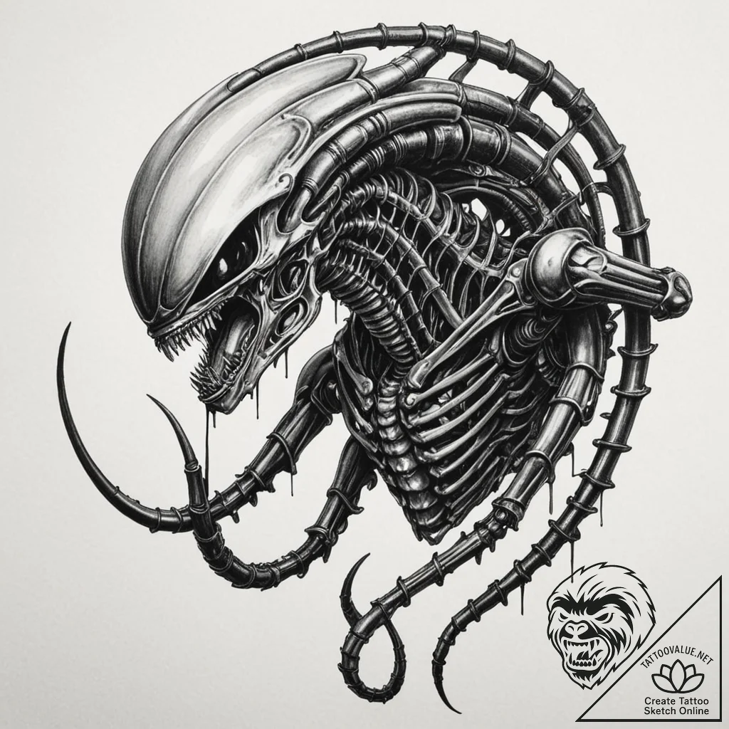 111. graphic novel style tattoo of a xenomorp... - tattoo sketch (№1751415993_0, 02.07.2025 00:26) — tattoovalue.net