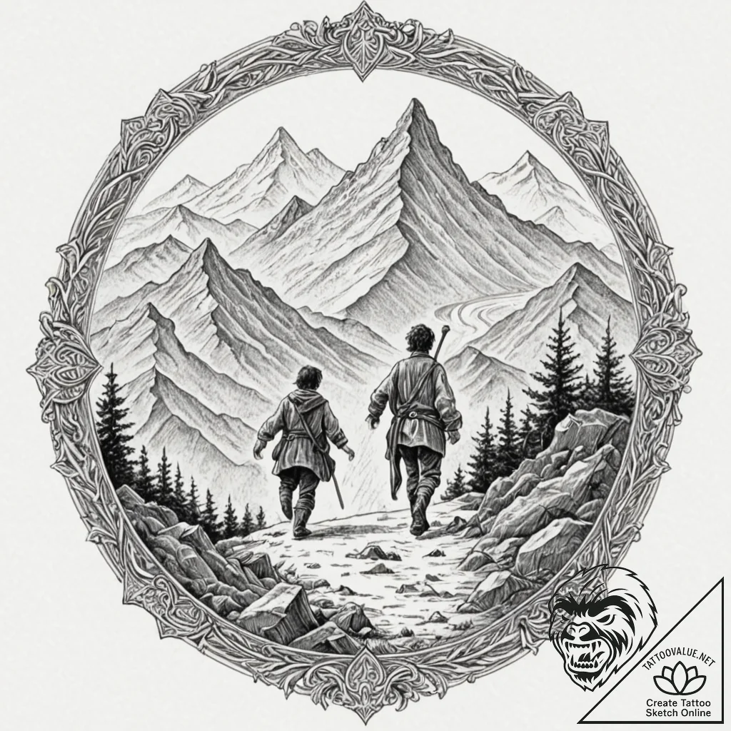 A graphic novel panel of frodo and sam on the... - tattoo sketch (№1751416656_0, 02.07.2025 00:37) — tattoovalue.net
