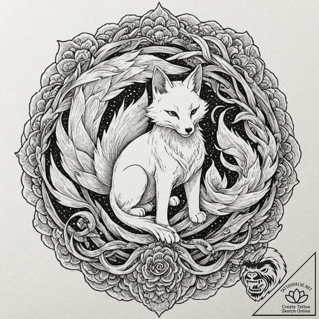 A kitsune with its nine tails, artistic tatto... - tattoo sketch (№1751417409_0, 02.07.2025 00:50) — tattoovalue.net