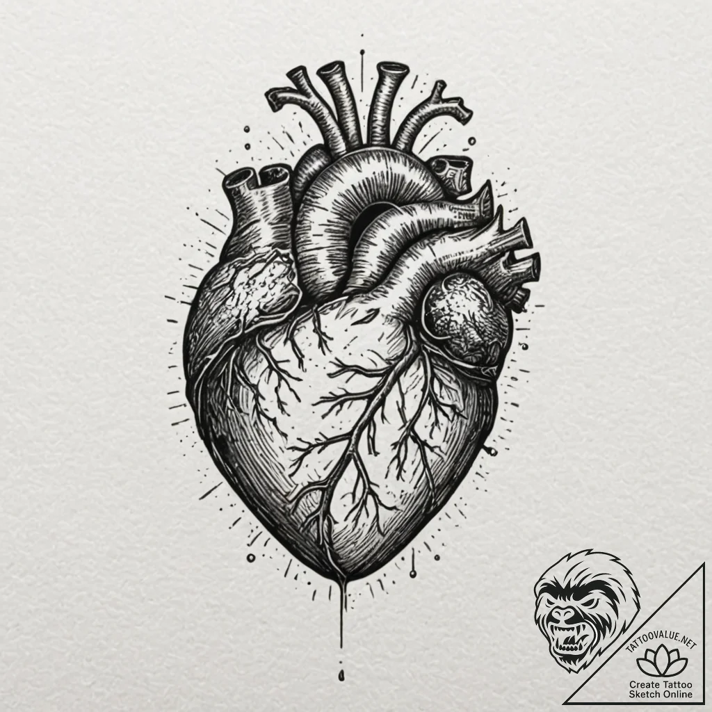 Anatomical heart, tattoo line art, detailed c... - tattoo sketch (№1751418242_0, 02.07.2025 01:04) — tattoovalue.net