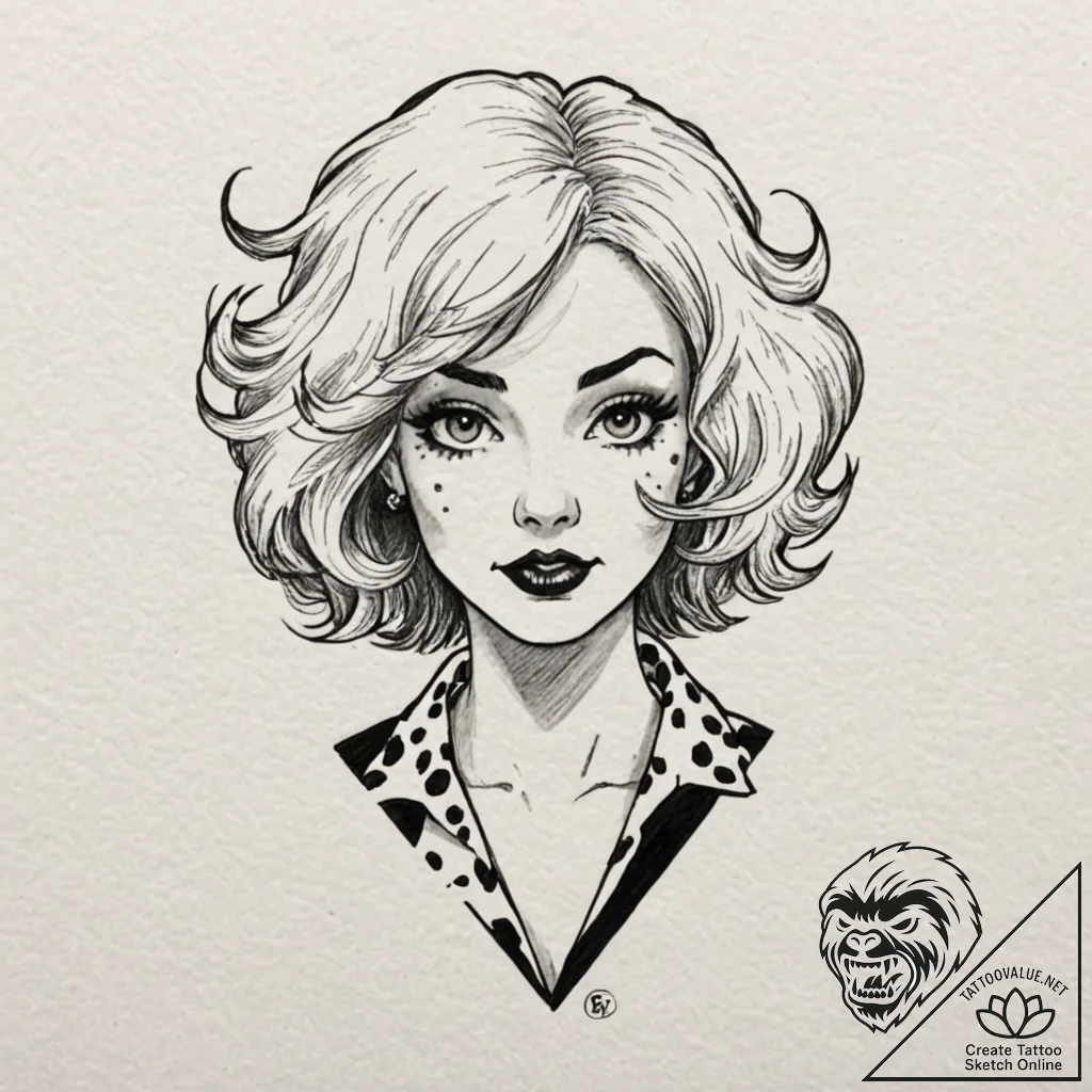 A trash polka tattoo of cruella de vil, with... - tattoo sketch (№1751418498_0, 02.07.2025 01:08) — tattoovalue.net