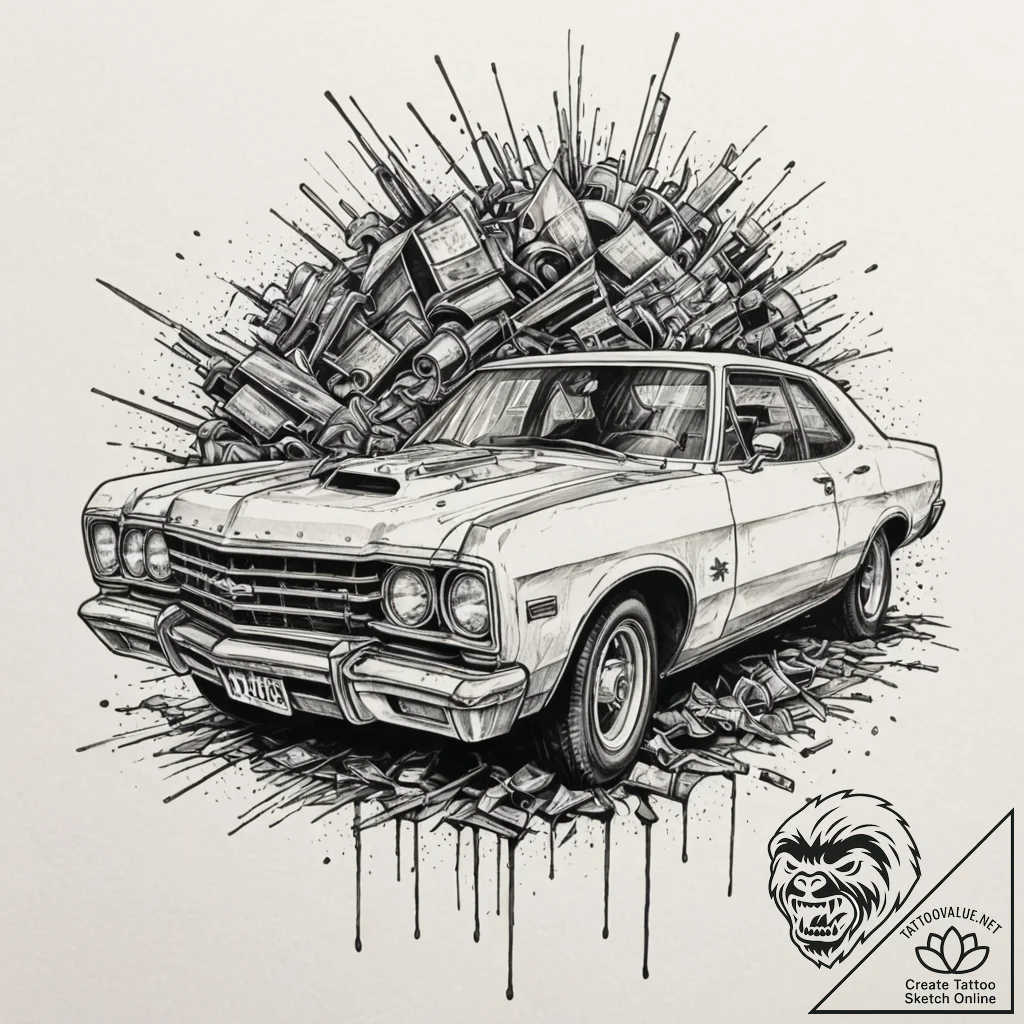A trash polka tattoo of the car crash scene f... - tattoo sketch (№1751418824_0, 02.07.2025 01:13) — tattoovalue.net