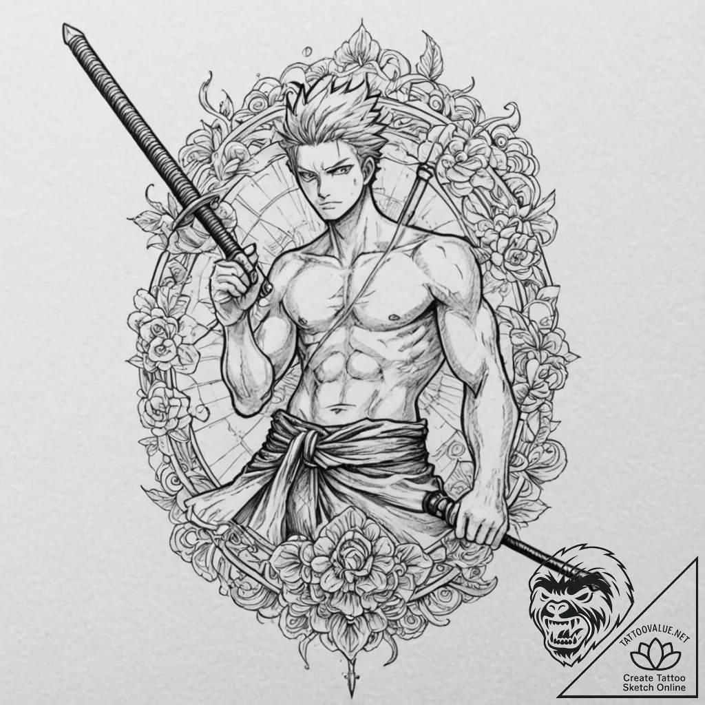 A sketch of roronoa zoro from one piece, with... - tattoo sketch (№1751419241_0, 02.07.2025 01:20) — tattoovalue.net