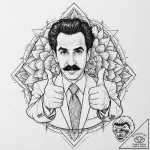 A graphic novel portrait of borat, with his t… – tattoo sketch (№1751419578_0, 02.07.2025 01:26) — tattoovalue.net