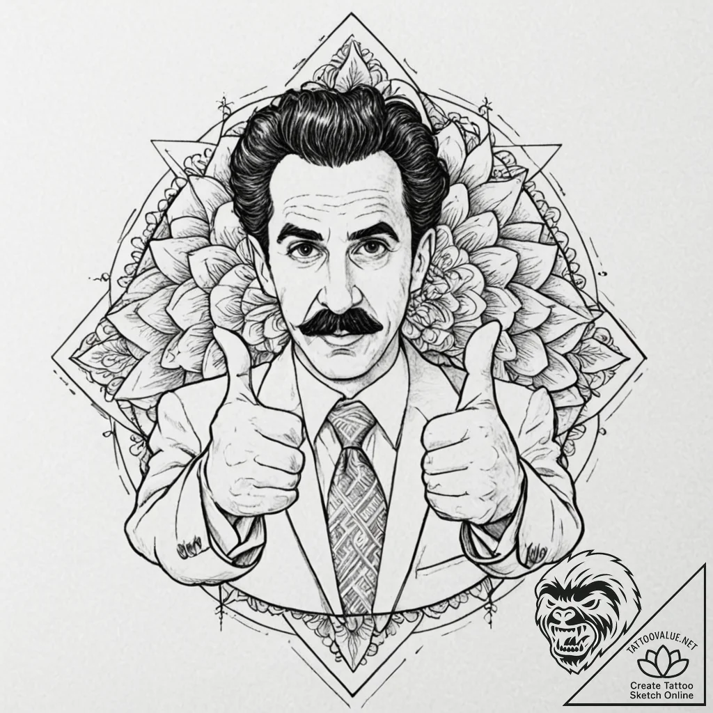 A graphic novel portrait of borat, with his t... - tattoo sketch (№1751419578_0, 02.07.2025 01:26) — tattoovalue.net
