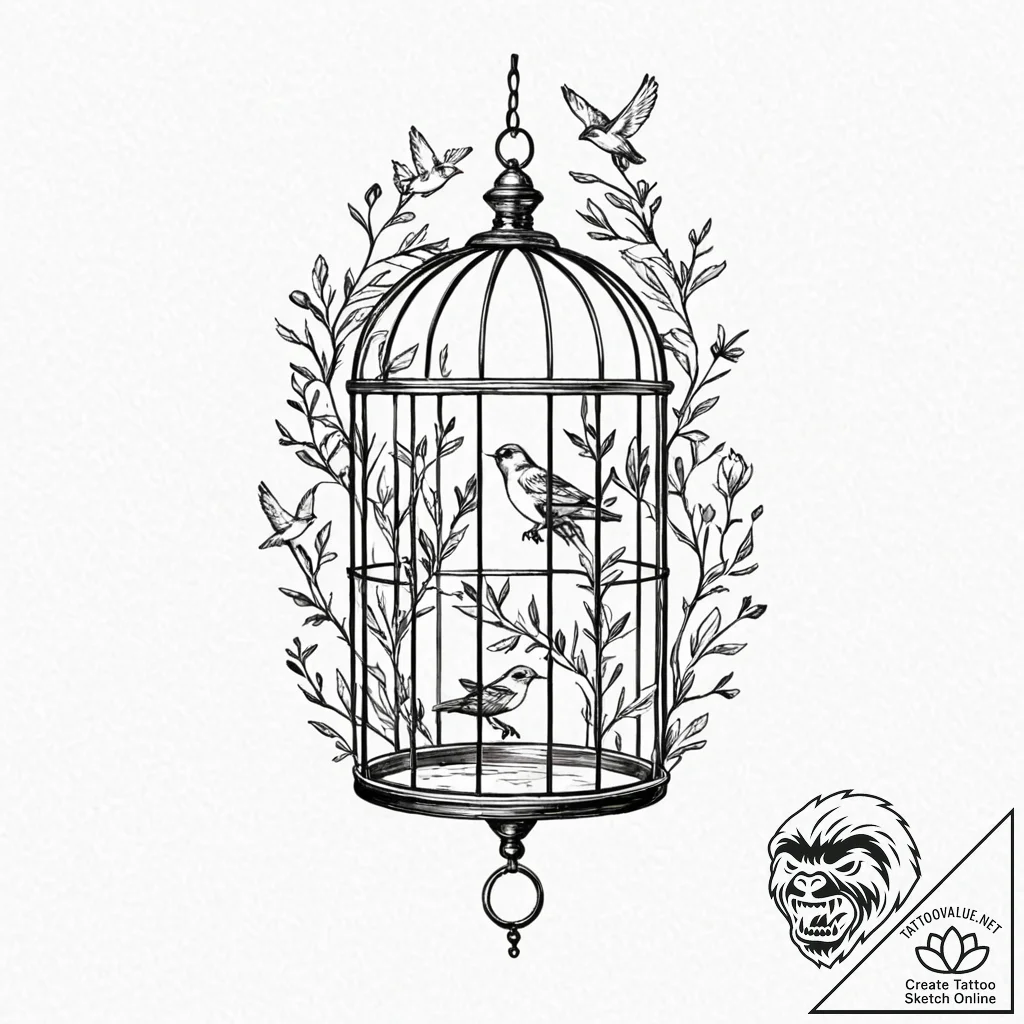 Open birdcage with birds flying out, tattoo d... - tattoo sketch (№1751420742_0, 02.07.2025 01:45) — tattoovalue.net