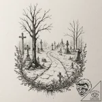 A graveyard scene with fog, tattoo drawing ou… – tattoo sketch (№1751420914_0, 02.07.2025 01:48) — tattoovalue.net