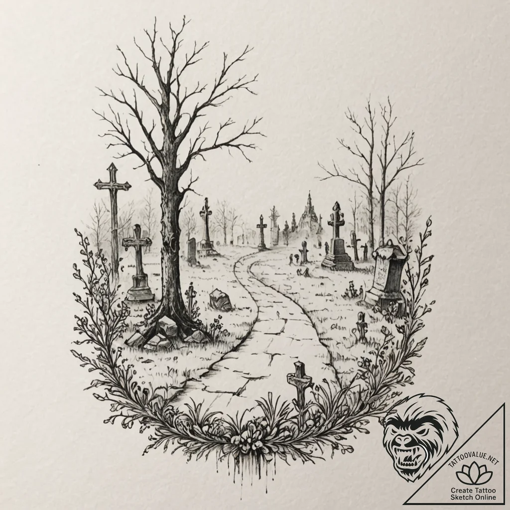 A graveyard scene with fog, tattoo drawing ou... - tattoo sketch (№1751420914_0, 02.07.2025 01:48) — tattoovalue.net