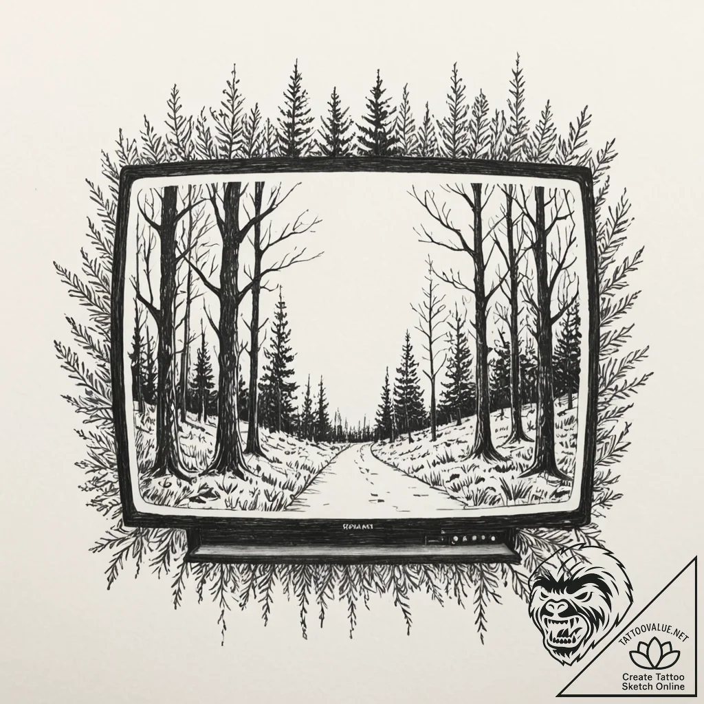 Tv with a forest growing out of the screen, t... - tattoo sketch (№1751422328_0, 02.07.2025 02:12) — tattoovalue.net