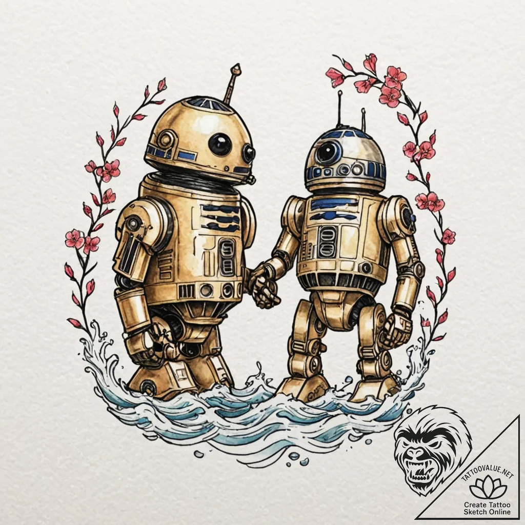 21. a watercolor sketch of r2-d2 and c-3po, b... - tattoo sketch (№1751423921_0, 02.07.2025 02:38) — tattoovalue.net