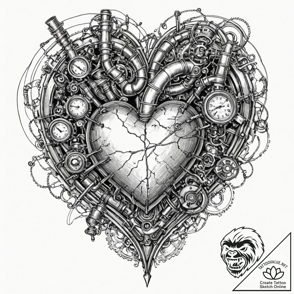 Steampunk heart with pipes and pressure gauge... - tattoo sketch (№1751424756_0, 02.07.2025 02:52) — tattoovalue.net