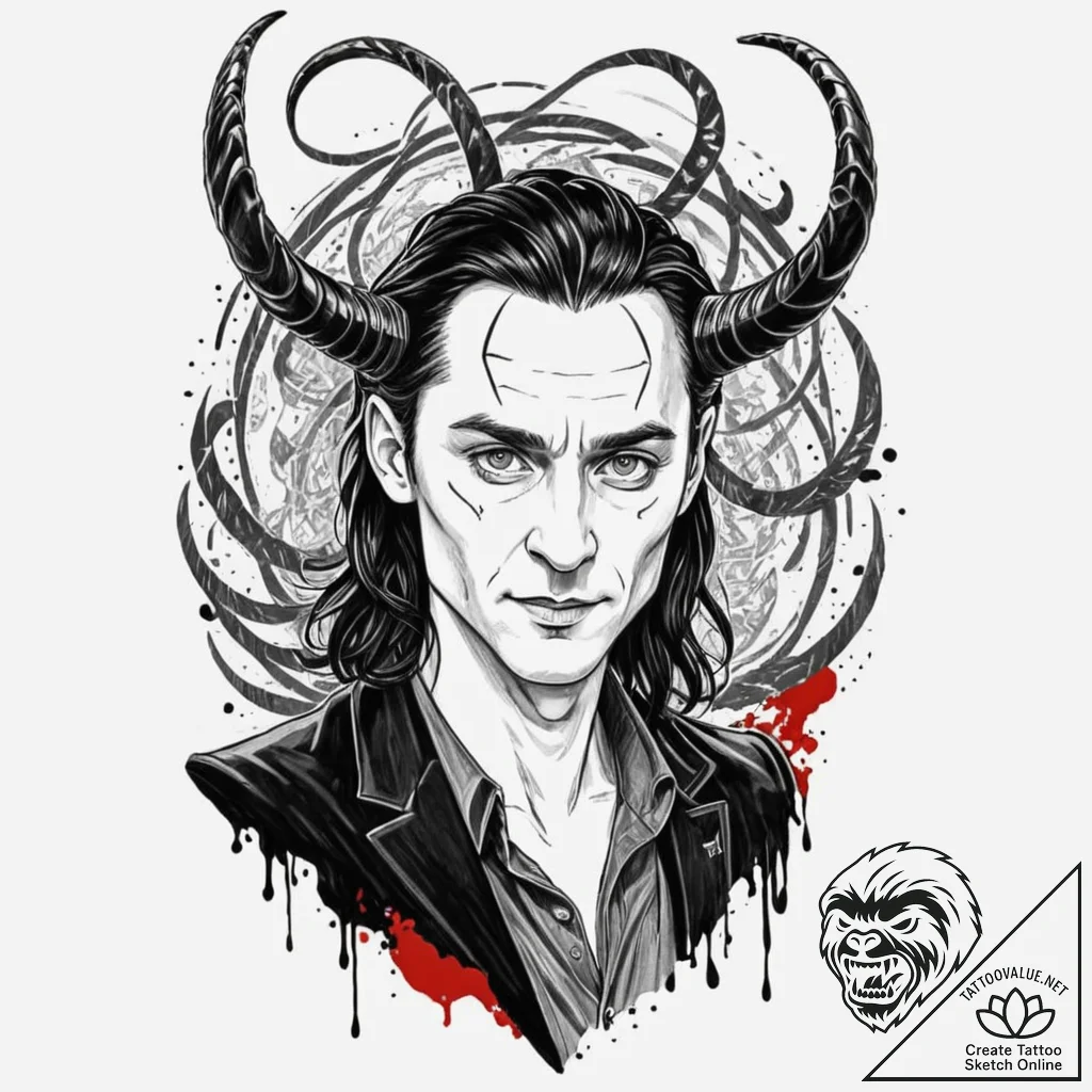 A graphic novel style portrait of loki, the n... - tattoo sketch (№1751425501_0, 02.07.2025 03:05) — tattoovalue.net