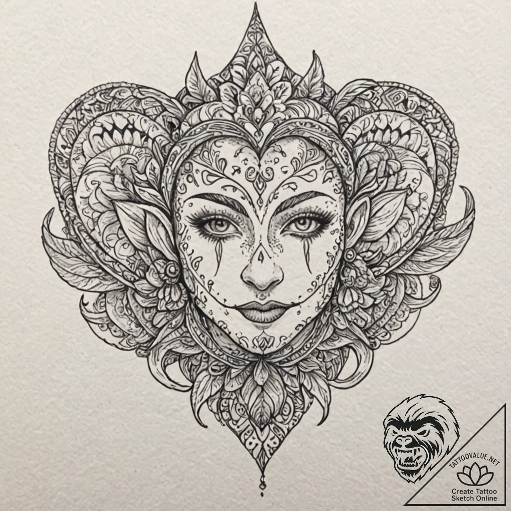 Jester, tattoo drawing outline, highly detail... - tattoo sketch (№1751427162_0, 02.07.2025 03:32) — tattoovalue.net