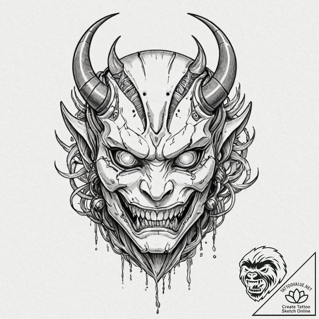 Cyberpunk oni mask, tattoo drawing outline, b... - tattoo sketch (№1751427747_0, 02.07.2025 03:42) — tattoovalue.net