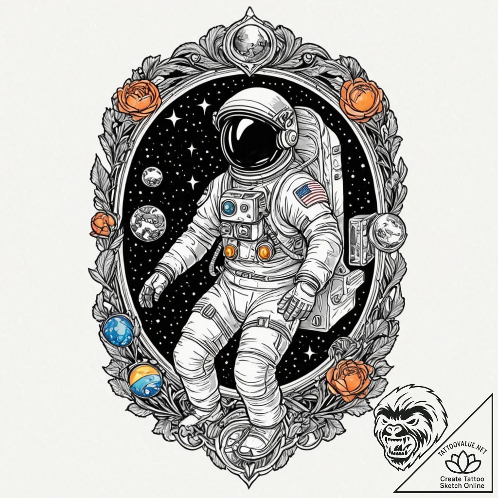 Astronaut, ink illustration for tattoo, vibra... - tattoo sketch (№1751428167_0, 02.07.2025 03:49) — tattoovalue.net