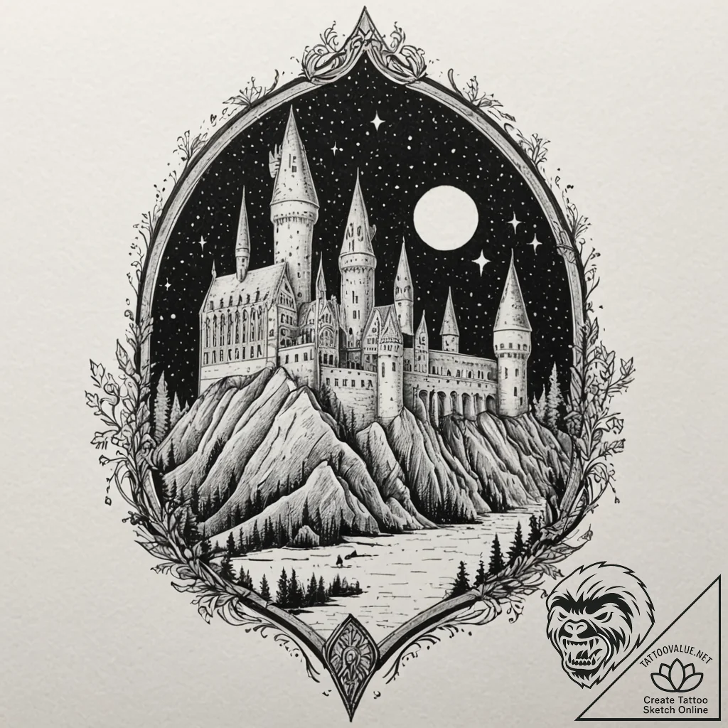 A watercolor sketch of hogwarts castle at nig... - tattoo sketch (№1751428496_0, 02.07.2025 03:54) — tattoovalue.net