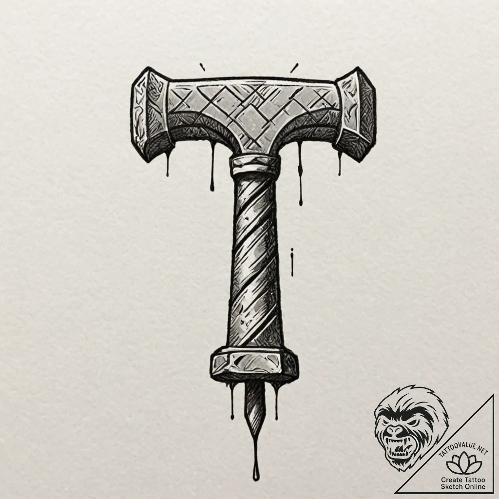 Thor's hammer, tattoo drawing outline, styliz... - tattoo sketch (№1751430247_0, 02.07.2025 04:24) — tattoovalue.net