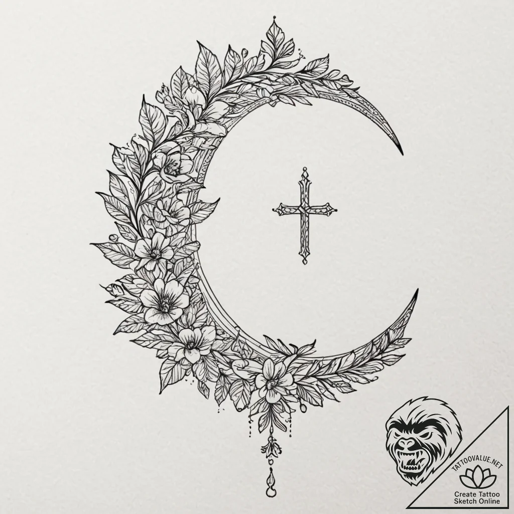 Crescent moon, tattoo line art, studio lighti... - tattoo sketch (№1751433600_0, 02.07.2025 05:20) — tattoovalue.net