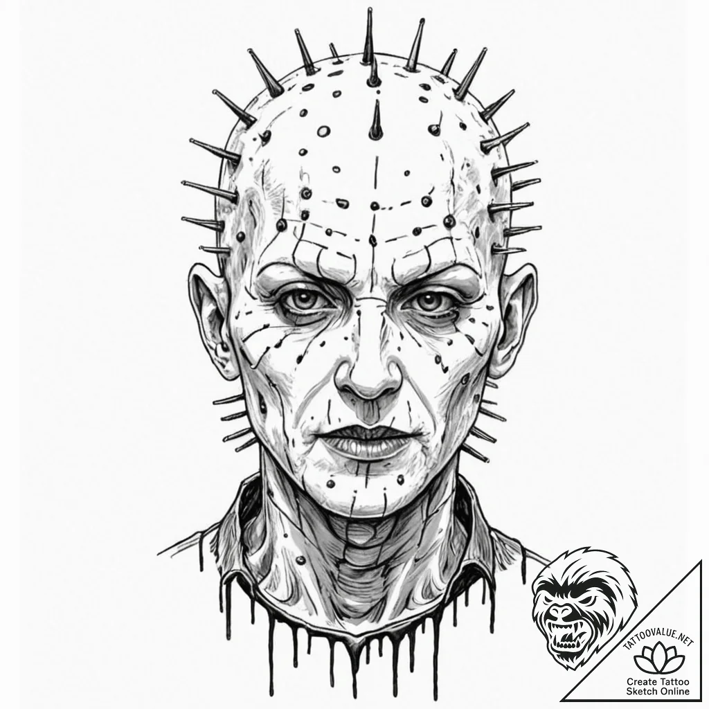 A trash polka portrait of pinhead from hellra... - tattoo sketch (№1751435647_0, 02.07.2025 05:54) — tattoovalue.net