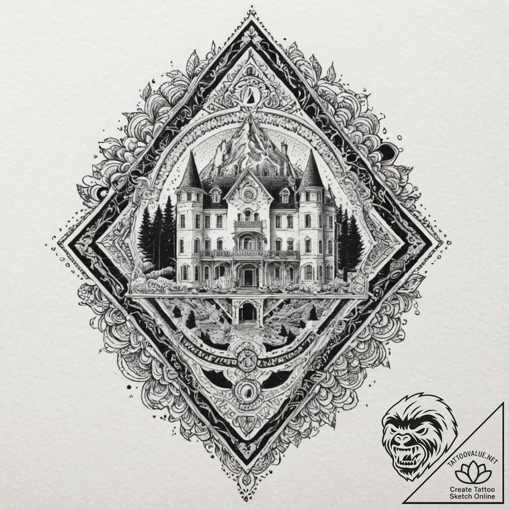 A linework tattoo of the overlook hotel carpe... - tattoo sketch (№1751436233_0, 02.07.2025 06:03) — tattoovalue.net