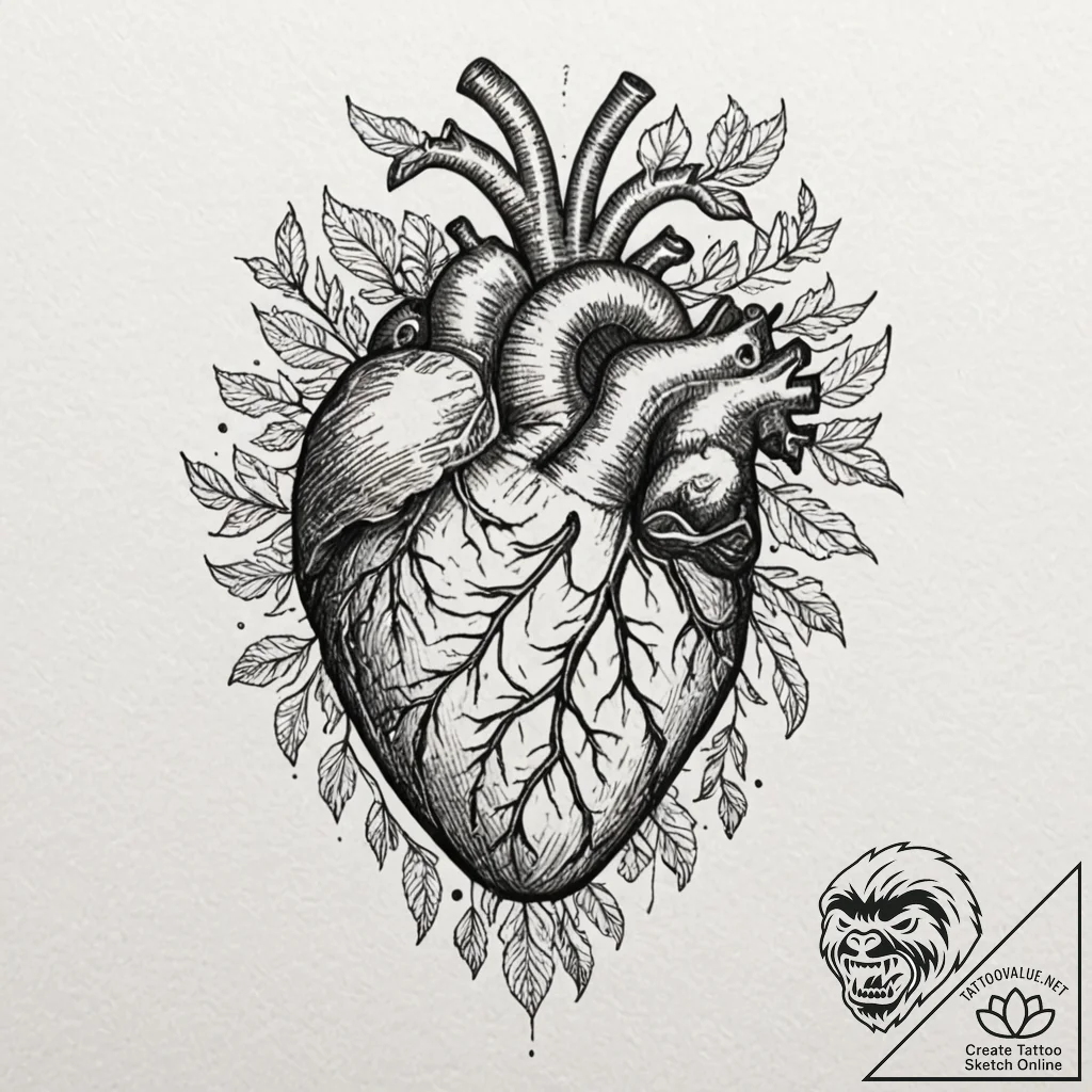 Anatomical heart with roots growing into the... - tattoo sketch (№1751436651_0, 02.07.2025 06:10) — tattoovalue.net