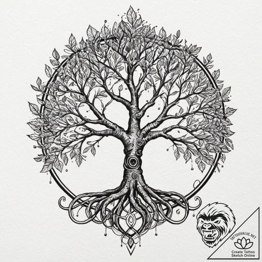 Yggdrasil (tree of life), tattoo line art, ro... - tattoo sketch (№1751437069_0, 02.07.2025 06:17) — tattoovalue.net