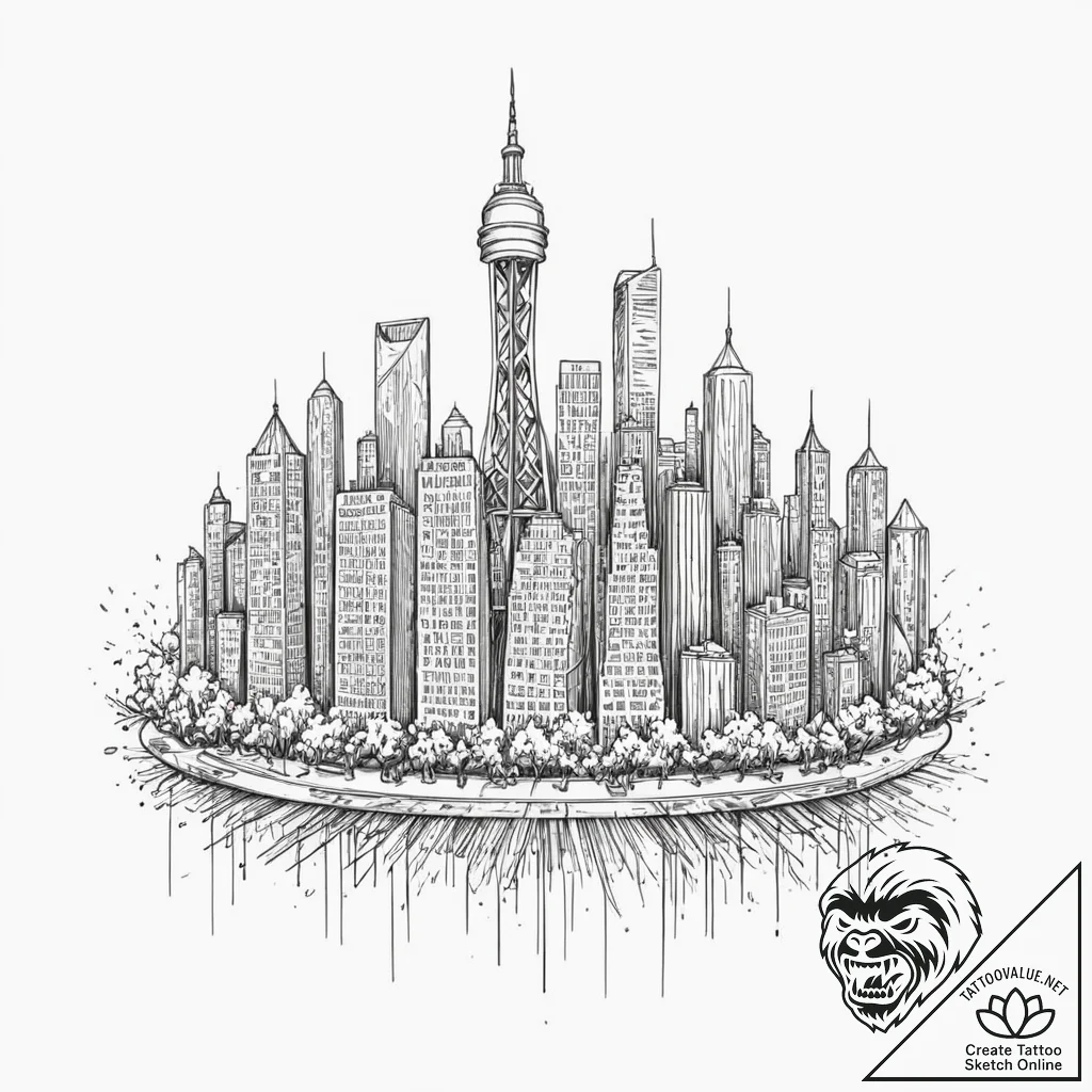 A barcode that morphs into a cityscape, tatto... - tattoo sketch (№1751437232_0, 02.07.2025 06:20) — tattoovalue.net