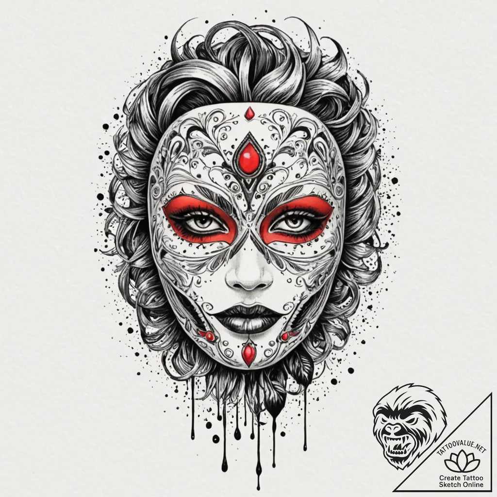 Mask, ink illustration for tattoo, subtle dro... - tattoo sketch (№1751437659_0, 02.07.2025 06:27) — tattoovalue.net