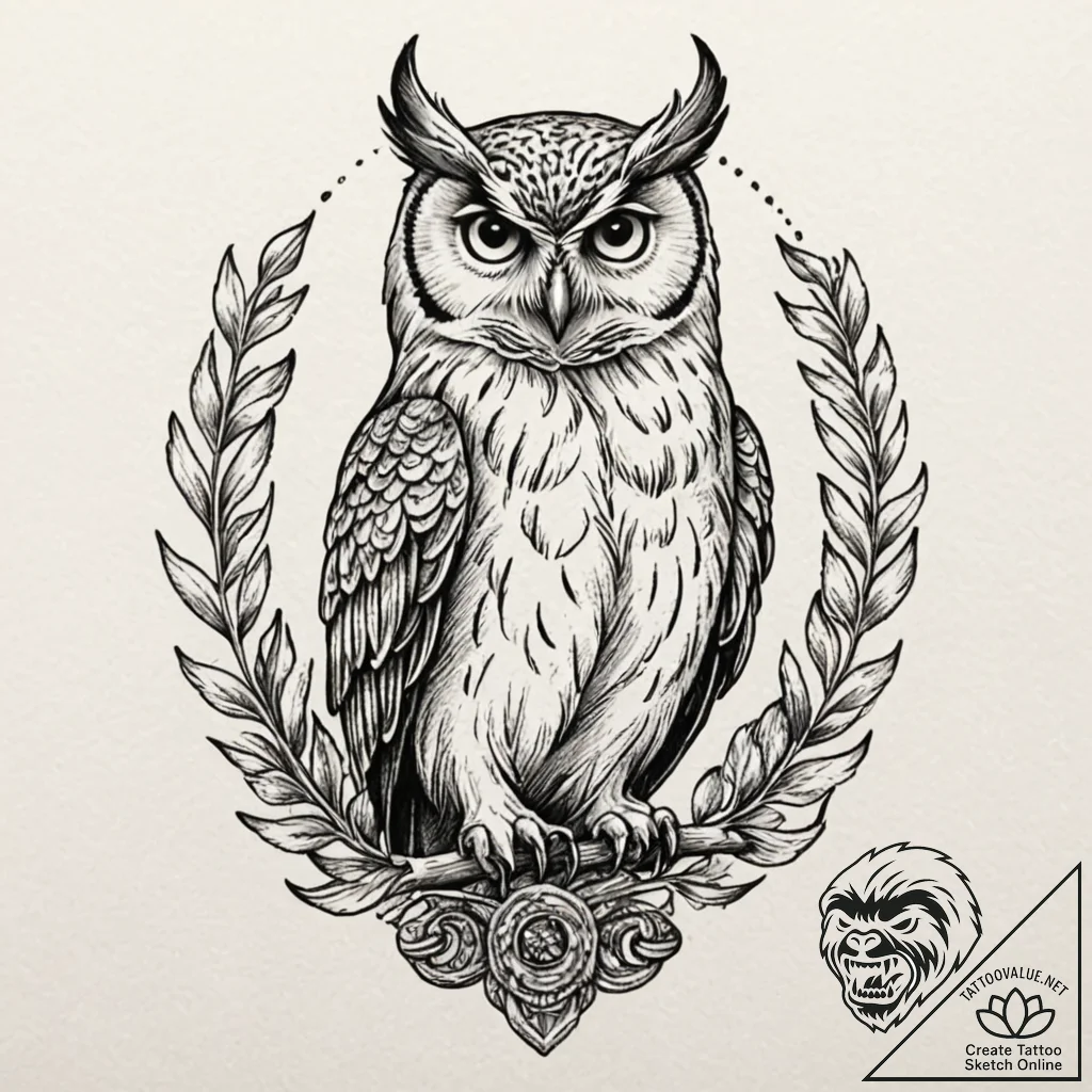 Owl, tattoo sketch design, masterpiece, best... - tattoo sketch (№1751438158_0, 02.07.2025 06:35) — tattoovalue.net