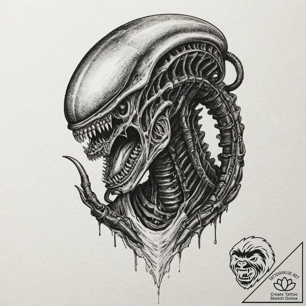 A xenomorph from alien, tattoo flash sheet de... - tattoo sketch (№1751438887_0, 02.07.2025 06:48) — tattoovalue.net