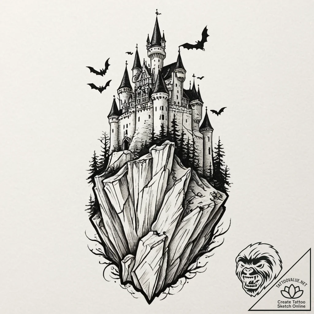 A sketch of a gothic castle on a cliff, dracu... - tattoo sketch (№1751440725_0, 02.07.2025 07:18) — tattoovalue.net