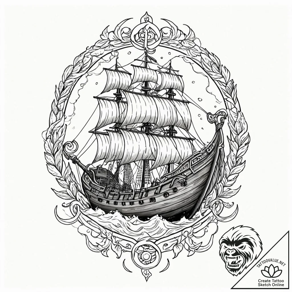 Viking longship in a storm, tattoo flash shee... - tattoo sketch (№1751443145_0, 02.07.2025 07:59) — tattoovalue.net