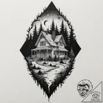 A haunted house silhouette, tattoo drawing ou… – tattoo sketch (№1751443734_0, 02.07.2025 08:08) — tattoovalue.net