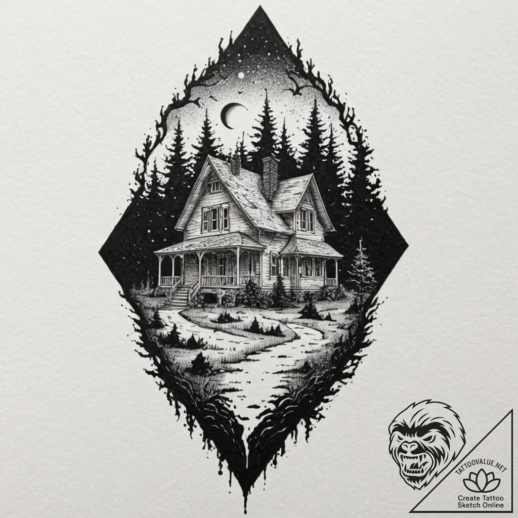 A haunted house silhouette, tattoo drawing ou... - tattoo sketch (№1751443734_0, 02.07.2025 08:08) — tattoovalue.net