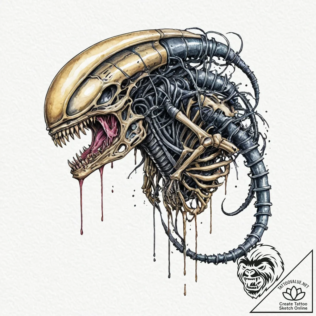 Graphic novel style tattoo of a xenomorph, wi... - tattoo sketch (№1751444489_0, 02.07.2025 08:21) — tattoovalue.net
