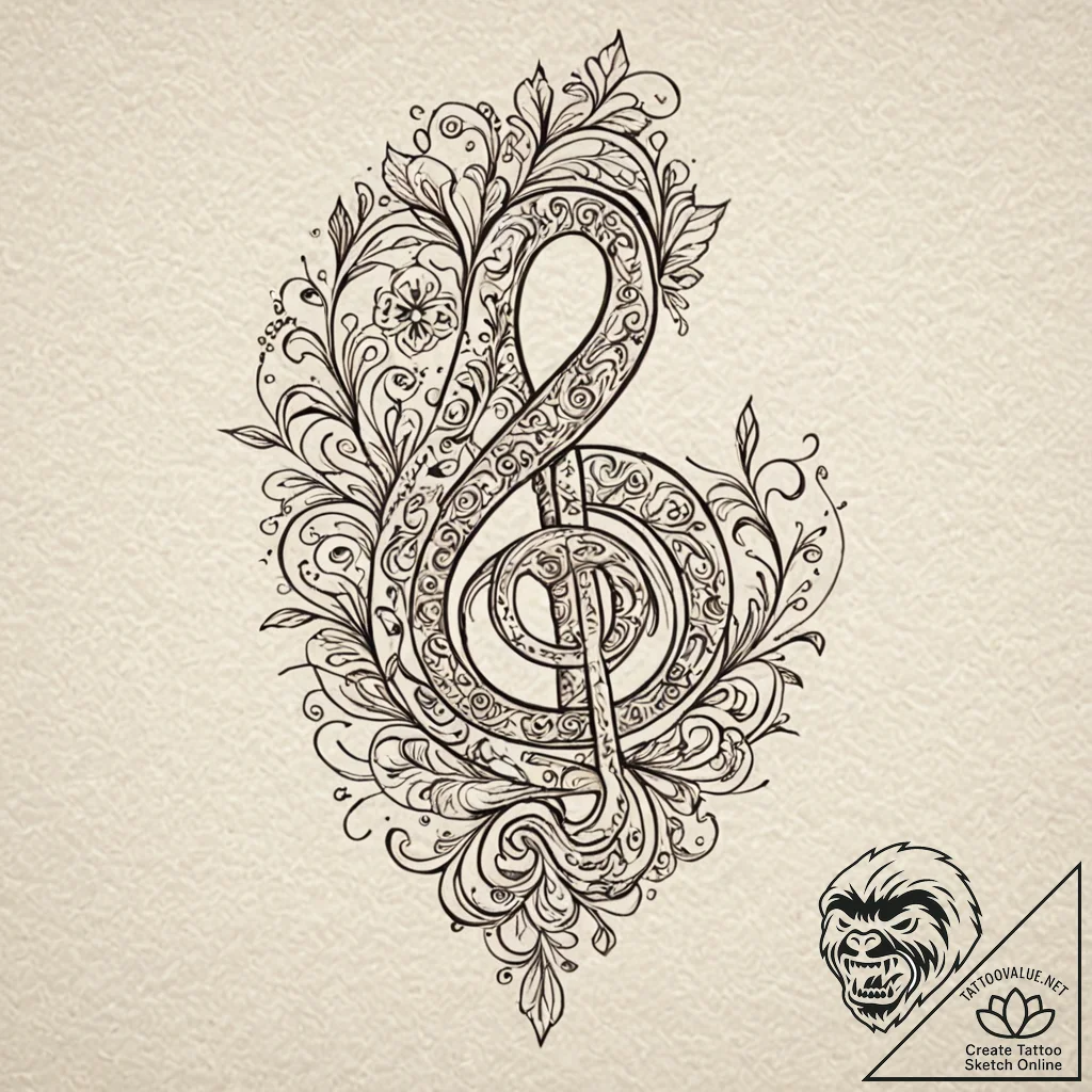 Bass clef, artistic tattoo sketch, moderately... - tattoo sketch (№1751444571_0, 02.07.2025 08:22) — tattoovalue.net