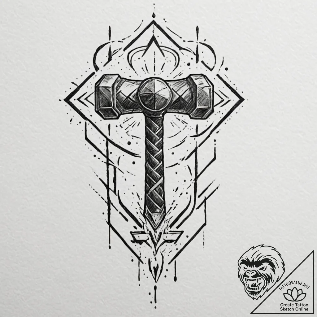 A sketch of thor's hammer, mjolnir, with ligh... - tattoo sketch (№1751448186_0, 02.07.2025 09:23) — tattoovalue.net