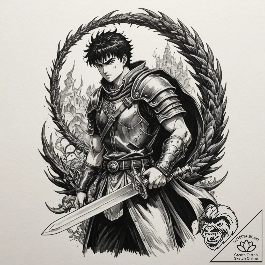 A graphic novel panel of guts from berserk, w... - tattoo sketch (№1751448267_0, 02.07.2025 09:24) — tattoovalue.net