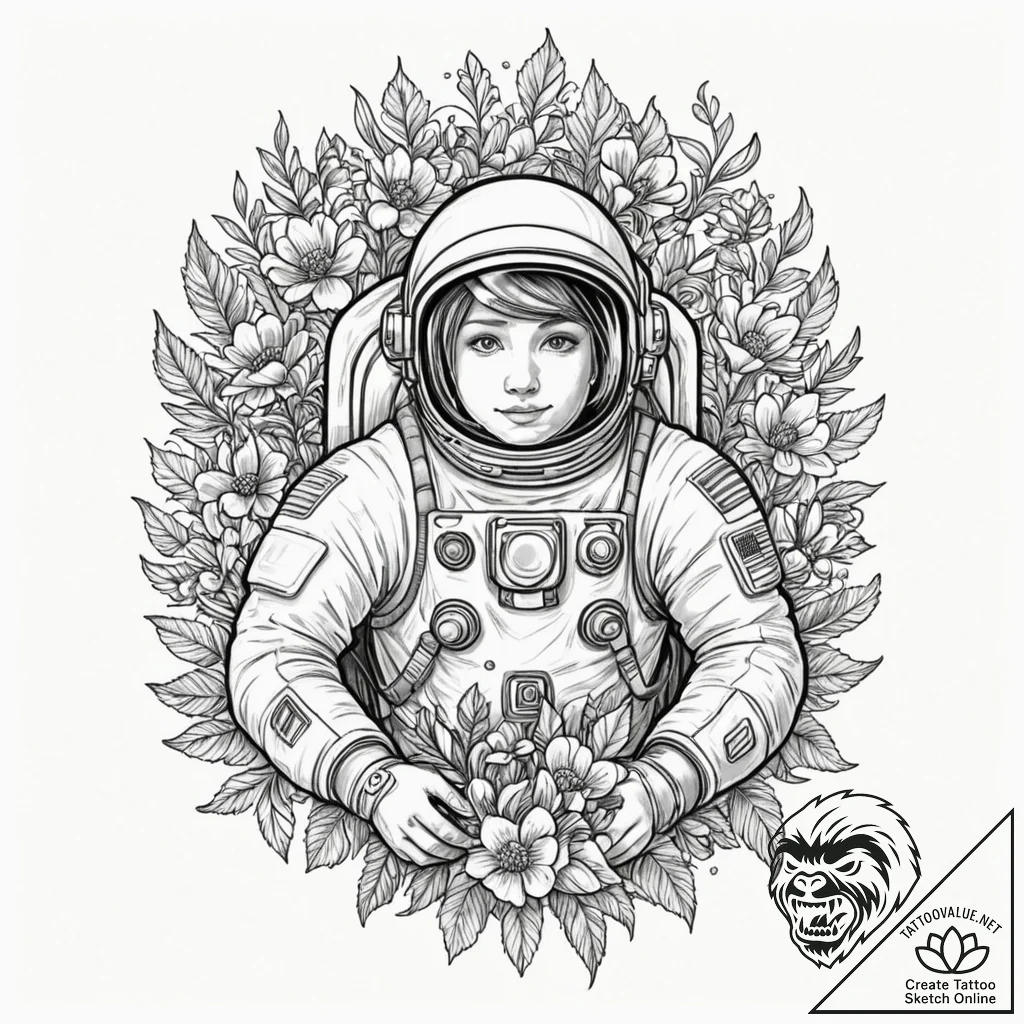 Astronaut holding a bouquet of flowers, conce... - tattoo sketch (№1751449359_0, 02.07.2025 09:42) — tattoovalue.net