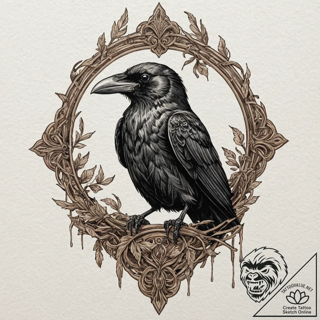 A taxidermy crow, tattoo line art, sepia tone... - tattoo sketch (№1751449773_0, 02.07.2025 09:49) — tattoovalue.net