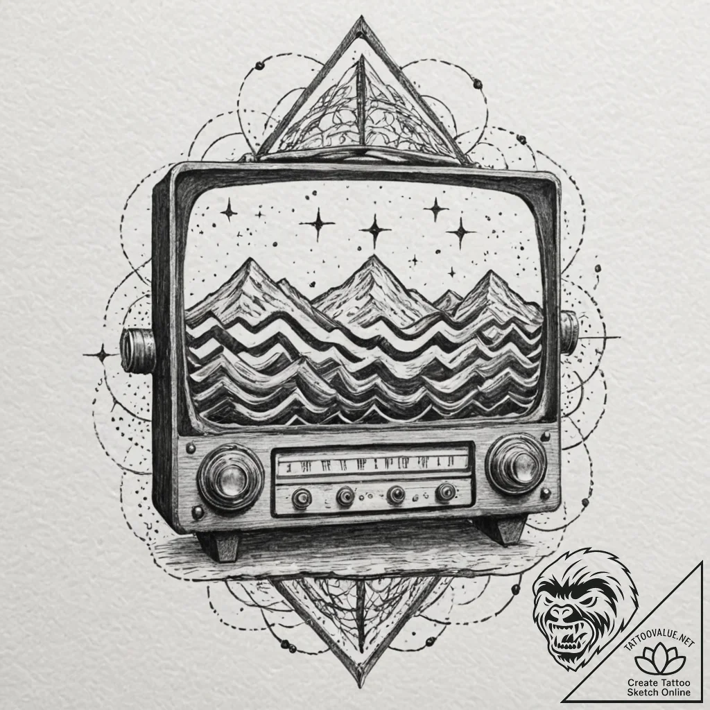 A vintage radio broadcasting sound waves and... - tattoo sketch (№1751449936_0, 02.07.2025 09:52) — tattoovalue.net