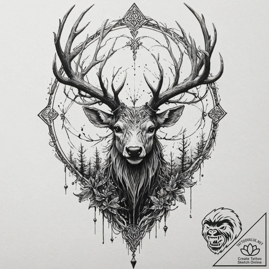 A trash polka composition of a leshen, a fore... - tattoo sketch (№1751450109_0, 02.07.2025 09:55) — tattoovalue.net