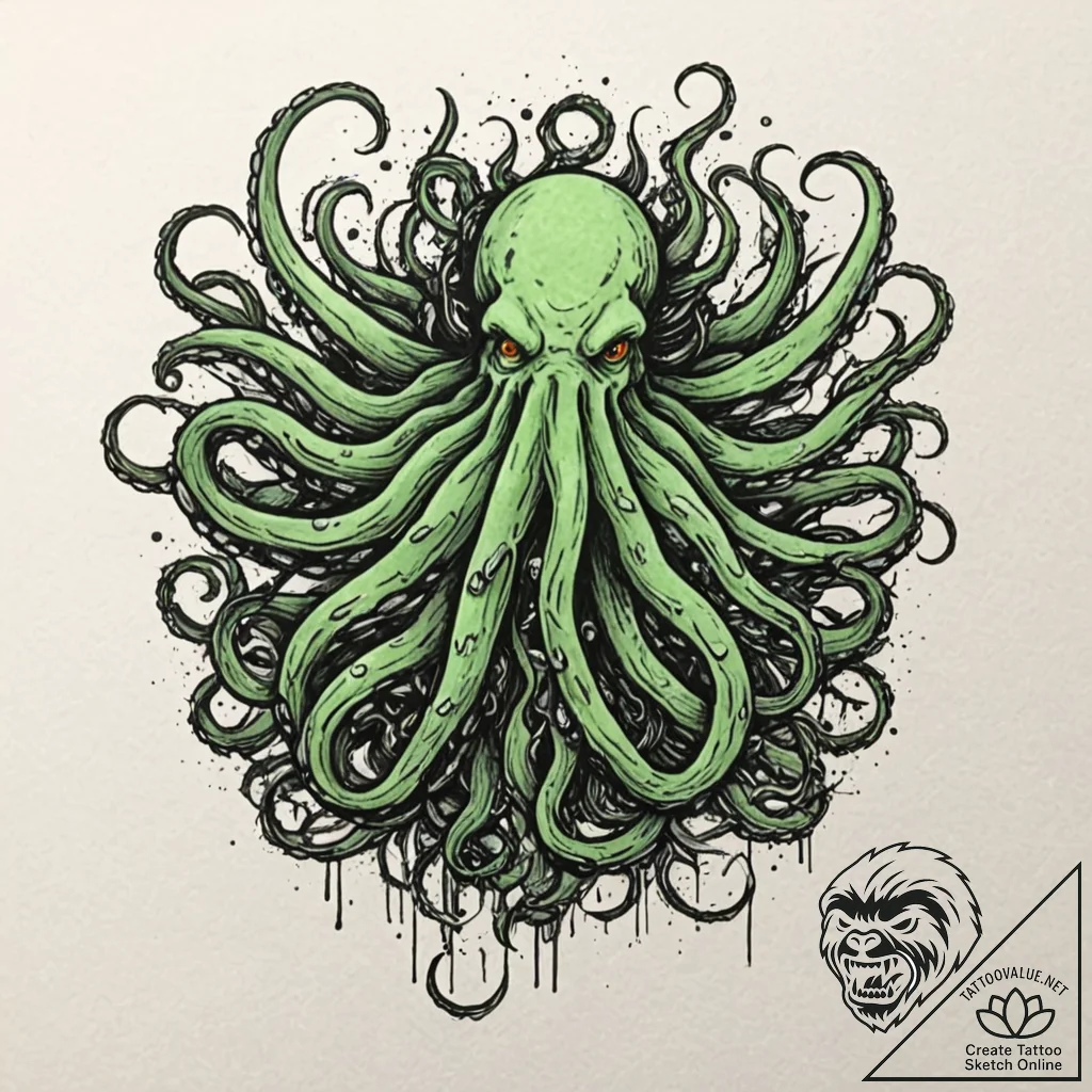 A trash polka tattoo of cthulhu rising from t... - tattoo sketch (№1751456992_0, 02.07.2025 11:49) — tattoovalue.net