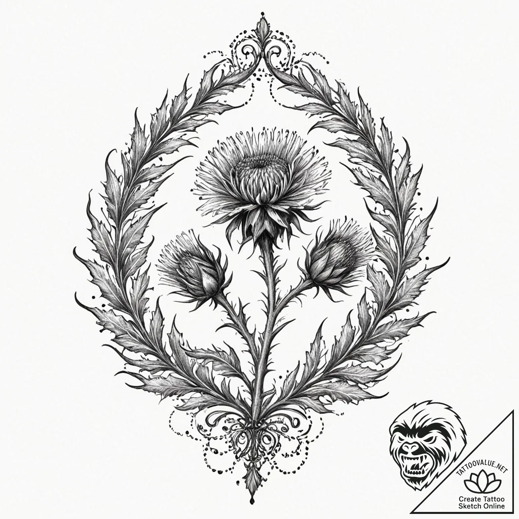 Thistle, concept art for tattoo, black and re... - tattoo sketch (№1751459034_0, 02.07.2025 12:23) — tattoovalue.net