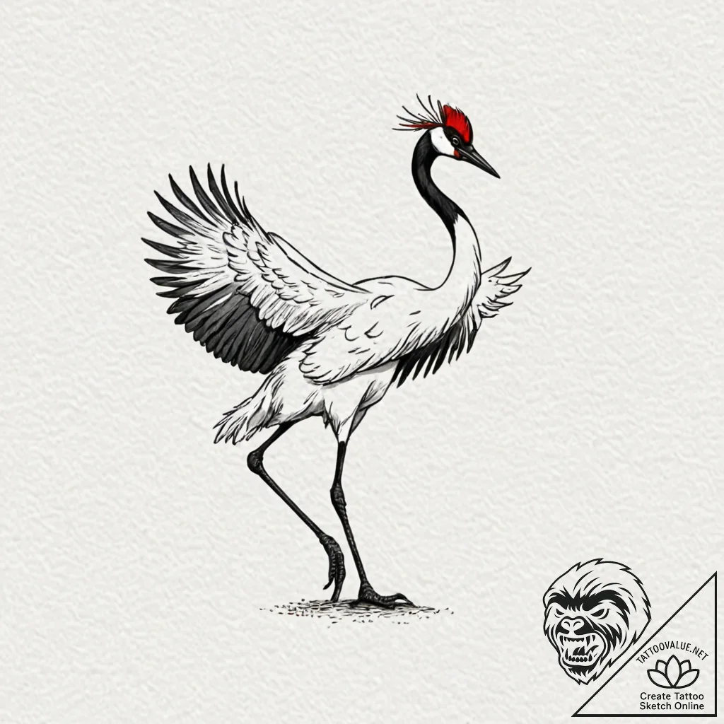 A red-crowned crane dancing, tattoo drawing o... - tattoo sketch (№1751468135_0, 02.07.2025 14:55) — tattoovalue.net