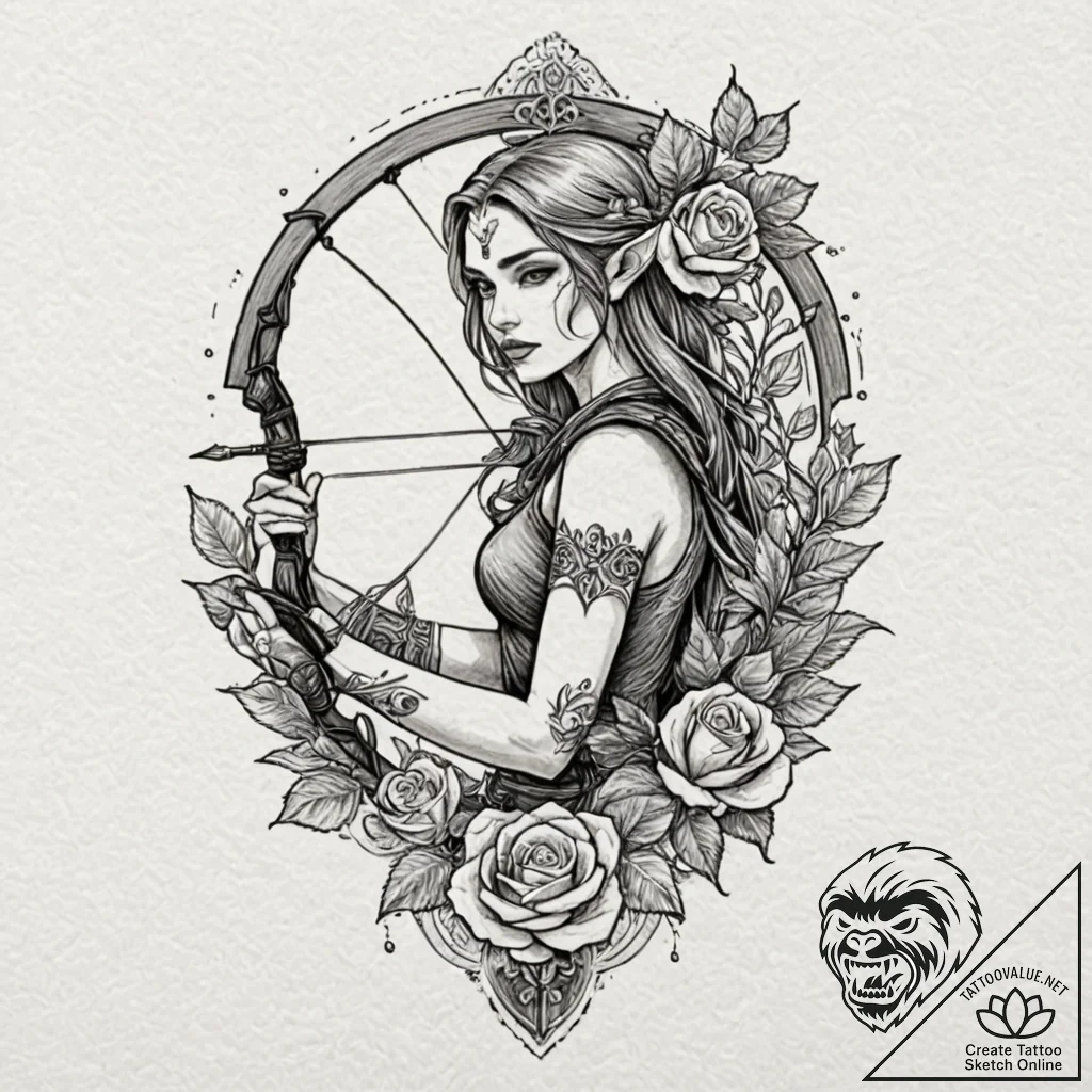 Elven archer, tattoo sketch design, on textur... - tattoo sketch (№1751469861_0, 02.07.2025 15:24) — tattoovalue.net