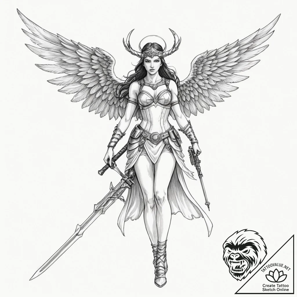 Tattoo design, a valkyrie, but instead of a s... - tattoo sketch (№1751472626_0, 02.07.2025 16:10) — tattoovalue.net