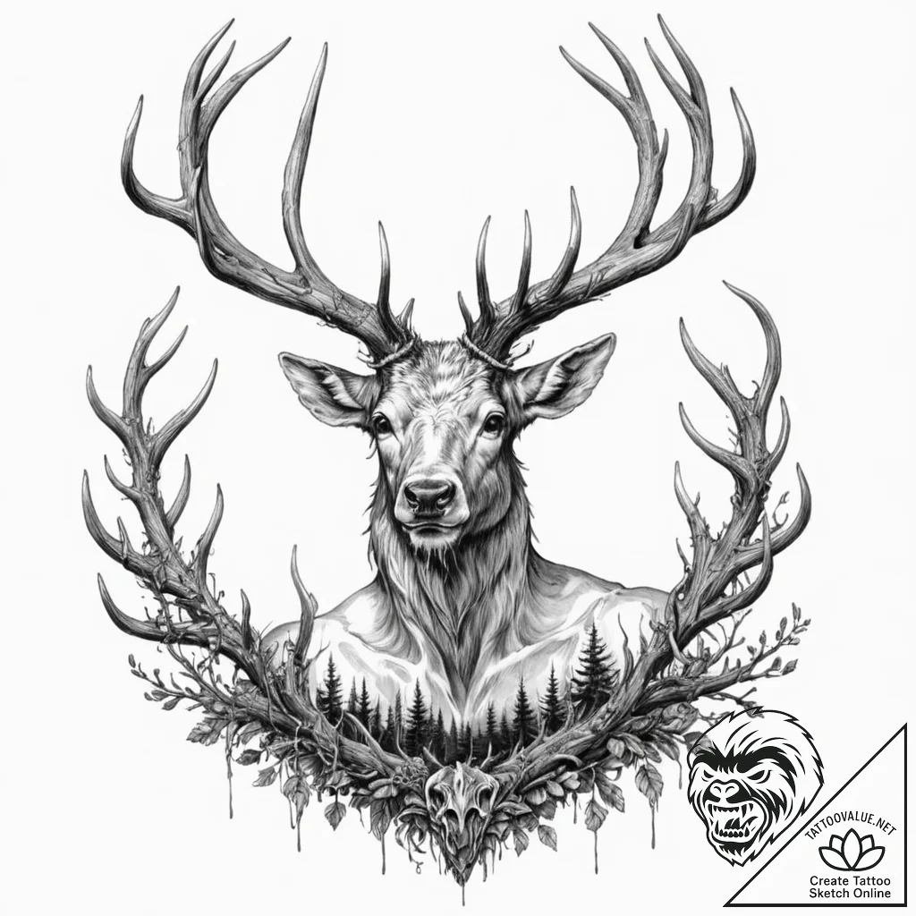 Tattoo design, a stag with magnificent antler... - tattoo sketch (№1751473939_0, 02.07.2025 16:32) — tattoovalue.net