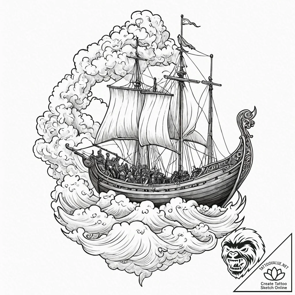 Tattoo design, a viking longship sailing on a... - tattoo sketch (№1751474839_0, 02.07.2025 16:47) — tattoovalue.net