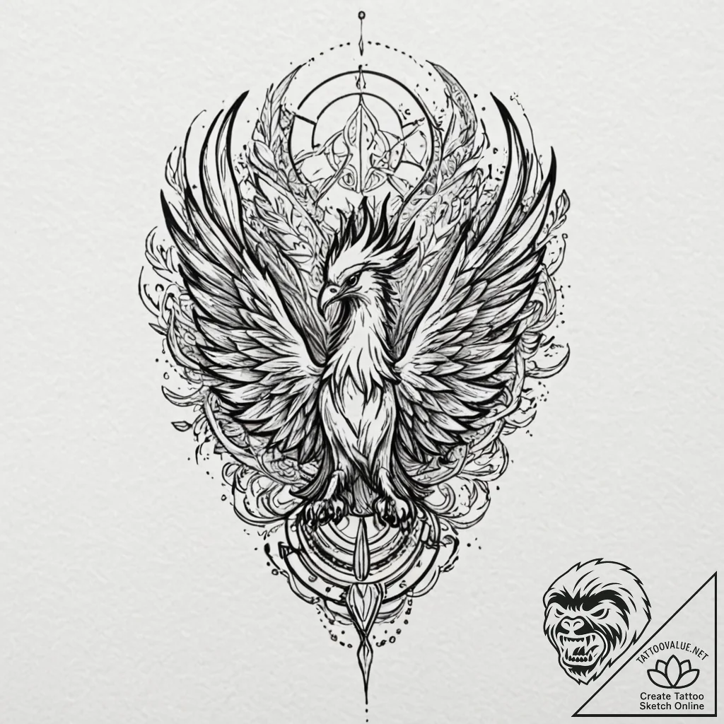 Tattoo design, a phoenix rising, but it is ma... - tattoo sketch (№1751475505_0, 02.07.2025 16:58) — tattoovalue.net